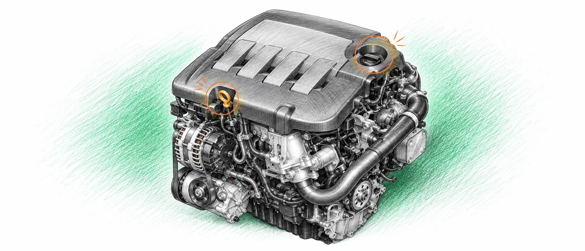 Illustration technique du moteur Volkswagen Tiguan 2.0 TDI avec jauge et bouchon de remplissage d’huile