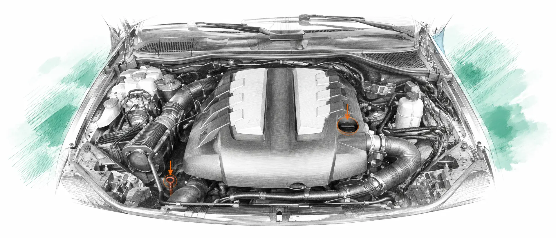 Illustration technique du moteur Volkswagen Touareg 3.0 V6 TDI avec jauge et bouchon de remplissage d’huile