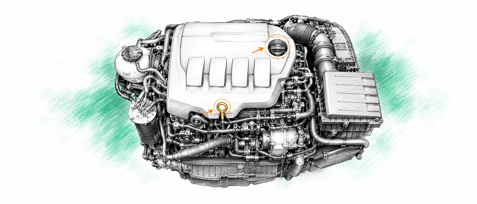 Illustration technique du moteur Volkswagen Touran 1.6 TDI avec jauge et bouchon de remplissage d’huile