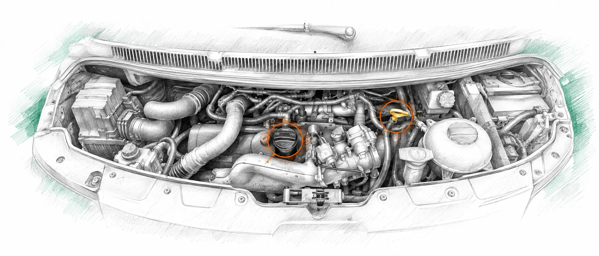 Illustration technique du moteur Volkswagen Transporter T5 2.5 TDI avec jauge et bouchon de remplissage d’huile
