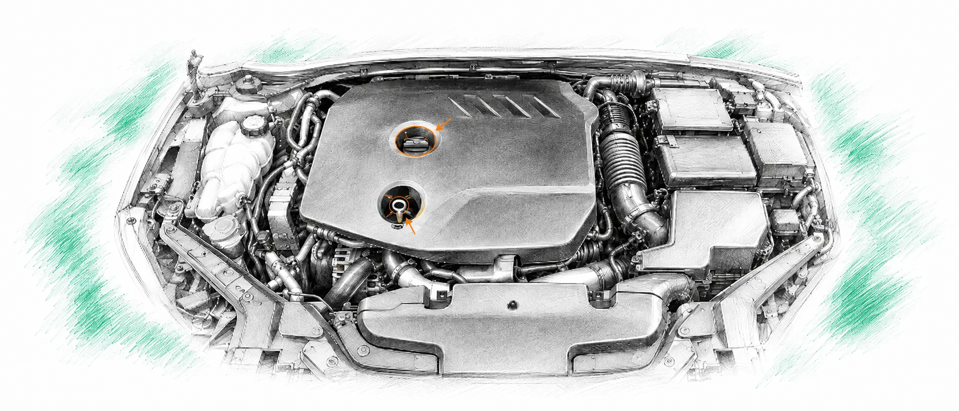 Illustration technique du moteur Volvo V40 D2 avec jauge et bouchon de remplissage d’huile
