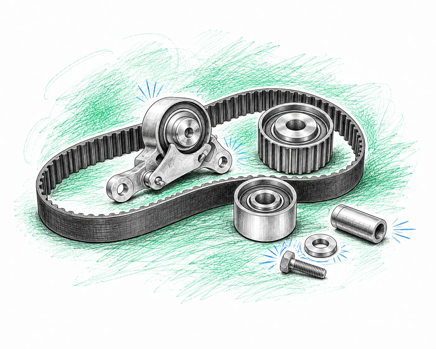 Illustration technique d’un kit de distribution Skoda Fabia 1.2 TSI