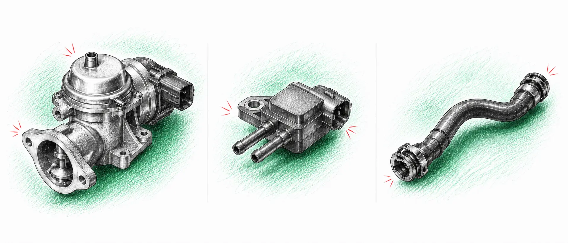Illustrations techniques des pièces à contrôler pour le code défaut P0402