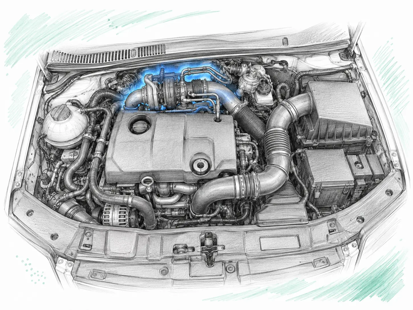 Croquis indicatif de l’emplacement du turbo sur Volkswagen Touran I 1.9 TDI