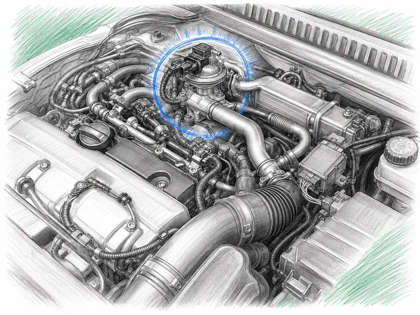 Croquis indicatif de l’emplacement de la vanne EGR sur Citroën C4 Picasso 1.6 HDi