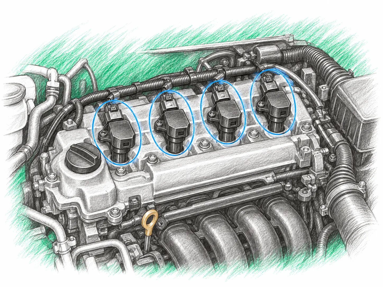 Croquis indicatif de l’emplacement d’une bobine d’allumage sur Toyota Yaris III 1.3 VVT-i 1NR-FE