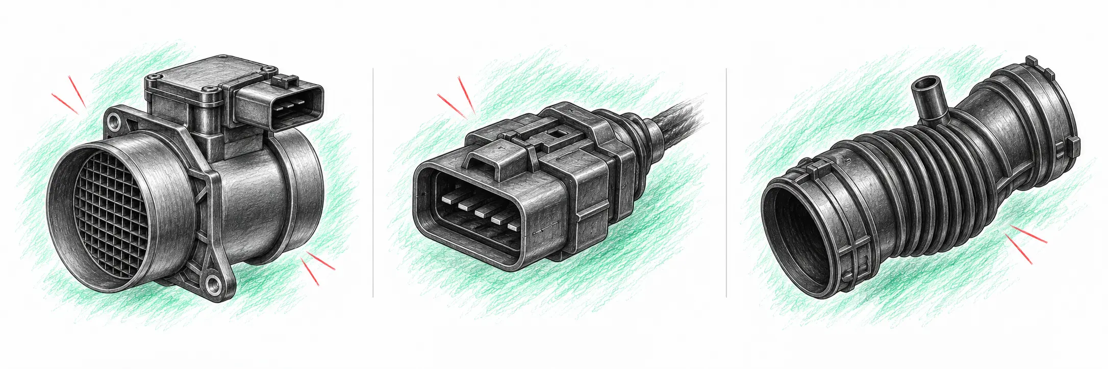 Illustrations techniques des pièces à contrôler pour le code défaut P0102